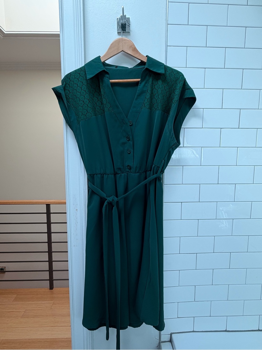 BloomChic Emerald Green Button-Front Shirt Dress with Waist Tie